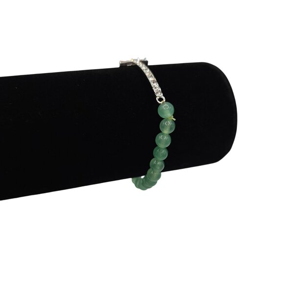 Aventurine Glass Green Beaded Silver Tone Cross Bracelet Rhinestone Sparkle - Picture 6 of 11